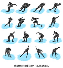 Set of ice-skating athlete scribble silhouettes. Vector illustration.