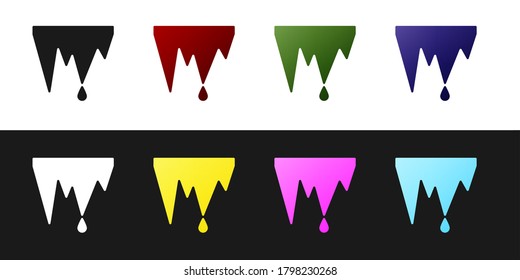 Establezca el icono Icicle aislado en fondo blanco y negro. Stalactite, picos de hielo. Clima de invierno, cristales de nieve. Ilustración vectorial