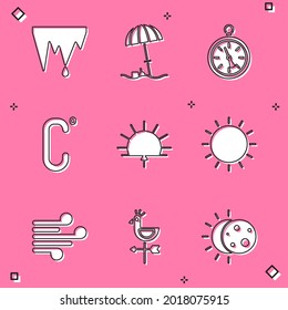 Set Icicle, Sun protective umbrella for beach, Compass, Celsius, Sunrise, Wind and Rooster weather vane icon. Vector