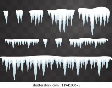 Set of icicles on a transparent background. Winter icicles with snow on a transparent background.