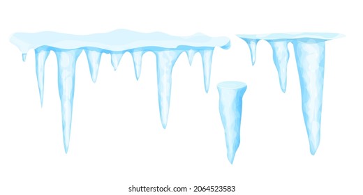 Set Icicles with snow winter decoration, frozen water in cartoon stile isolated on white background. Collection Ice crystals, hanging element. Textured, shiny.
