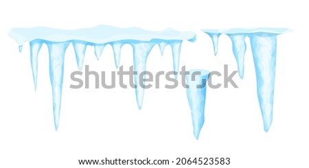 Set Icicles with snow winter decoration, frozen water in cartoon stile isolated on white background. Collection Ice crystals, hanging element. Textured, shiny.