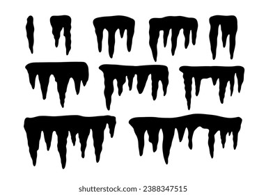 Set of icicles. Stalactite. Weather symbol. Vector illustration isolated on white background. Current inks.