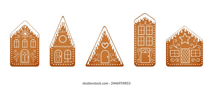 Set of icing glazed gingerbread houses cookies. Gnger bread town isolated on white background. Cute Christmas pastries. New Year sweet treats. Vector cartoon illustration.