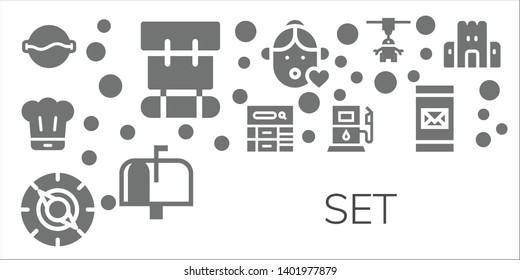 set icon set. 11 filled set icons.  Collection Of - Soup, Backpack, Chef, Blog, Compass, Gas station, Girl, Mailbox, 3d printer, Email, Sand castle