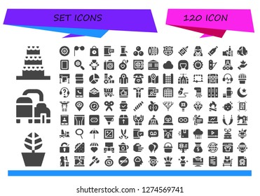  set icon set. 120 filled set icons. Simple modern icons about  - Cake, Pot, Beer, Settings, Glasses, Delivery, Mobile, Chocolates, Lens, Barcelona, Glue, Stewardess, Thermometer