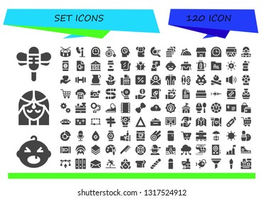 set icon set. 120 filled set icons.  Collection Of - Dragonfly, Baby, Girl, Drum, Amusement park, Clocks, Bike, Mind, Koala, Bird, Fabric, Taco, House, Clock, Printer, Waitress