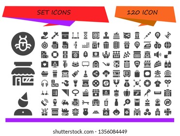 set icon set. 120 filled set icons.  Simple modern icons about  - Bug, Birthday, Store, Hand, Hammer, Archive, Trapeze, Pipes, Safebox, Scales, Cake, Card, Mailbox, Vegetables