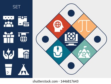 set icon set. 13 filled set icons.  Collection Of - Artificial intelligence, Water, Tent, Save energy, Folder, Present, Learning, Teamwork, Payment, Pi, Mind, Mouse, Ramp