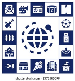 set icon set. 17 filled set icons.  Collection Of - Gift, Satellite, Fence, World, School, Friends, Usb, Email, Scissors, Trombone, Restaurant, Browser, Ice cream, Captain, Waterfall
