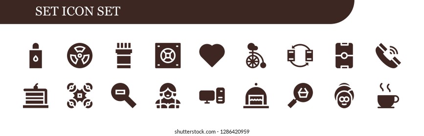  set icon set. 18 filled set icons. Simple modern icons about  - Body oil, Radioactive, Medicine, Safebox, Heart, Unicycle, Transfer, Football, Telephone, Cake, Drone, Zoom out
