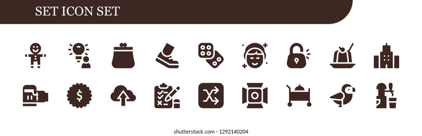  set icon set. 18 filled set icons. Simple modern icons about  - Gingerbread, Idea, Purse, Running, Dice, Makeup, Lock, Jelly, Building, Beer, Badge, Cloud, Test, Shuffle, Spotlight