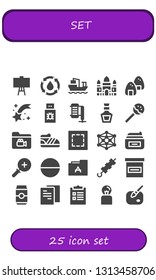 set icon set. 25 filled set icons.  Simple modern icons about  - Canvas, Water, Cargo ship, Angkor wat, Onigiri, Shooting star, Usb, Compressor, Whiskey, Lollipop, Folder, Shoe
