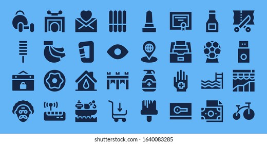 set icon set. 32 filled set icons. on blue background style Simple modern icons such as: Weightlifting, Popsicle, Event, Scientist, Trick, Bananas, Donut, Wifi, Mail, Carabiner