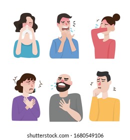 set of icon about cough and different diseases symptoms - fever, cough, snot, allergy and other people illness signs.   vector illustration. flat design isolated on white background.