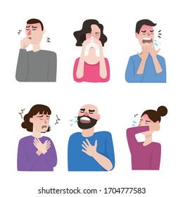 set of icon about cough and different diseases symptoms - fever, cough, snot, allergy and other people illness signs.   vector illustration. flat design isolated on white background.
