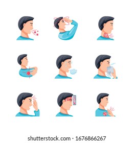 Symbolsatz über die Symptome der Corona-Vektorillustration-Illustration