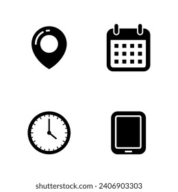 establecer direcciones de icono, calendario, hora y tipo de ilustración de vector de teléfono color blanco y negro