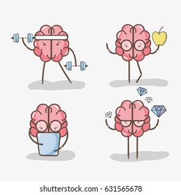 set icon adorable kawaii brain doing different activities