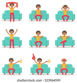 Set icon with afro man in different poses on couch in room flat style. Bundle vector logo character on sofa in cartoon style  illustration.