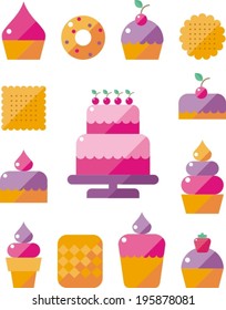 set icon appetizing tasty donut and cake with pink glaze,  fast food