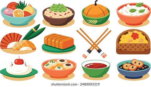 Set Icon Asian Food white background