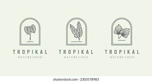 set icon badde la hoja de logotipo minimalista línea de arte ilustración naturaleza de árbol bosque tropical
