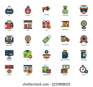 Set of icon with bags cart smartphone and laptop during big sale or black friday flat vector illustration isolated on white background
