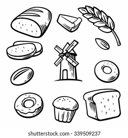 Set icon for bakery. Engraving vintage vector black illustration. Isolated on white background. Hand drawn design element for label and poster