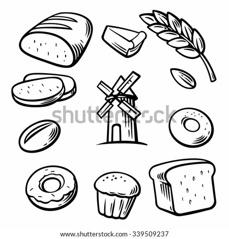 Set icon for bakery. Engraving vintage vector black illustration. Isolated on white background. Hand drawn design element for label and poster