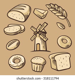 Set icon bakery. Vintage vector black illustration. Isolated on beige background.  Hand drawn design element