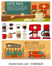 Set icon and banners for service coffee shop and cafe. Flat color vector illustration. Take away, machine, cezve or turkish, pot, french press, beans, saucer, cup.