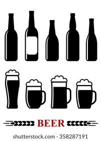 set icon of beer bottle and mug with foam on white background