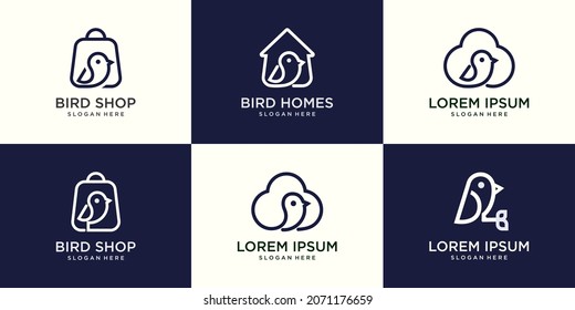 set icon bird line art logo vector,home bird, bag,cloud