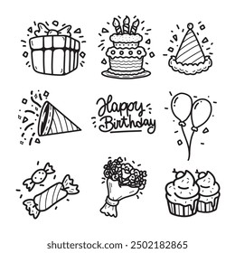 Set icon birthday. Hand drawn doodle vector icon party