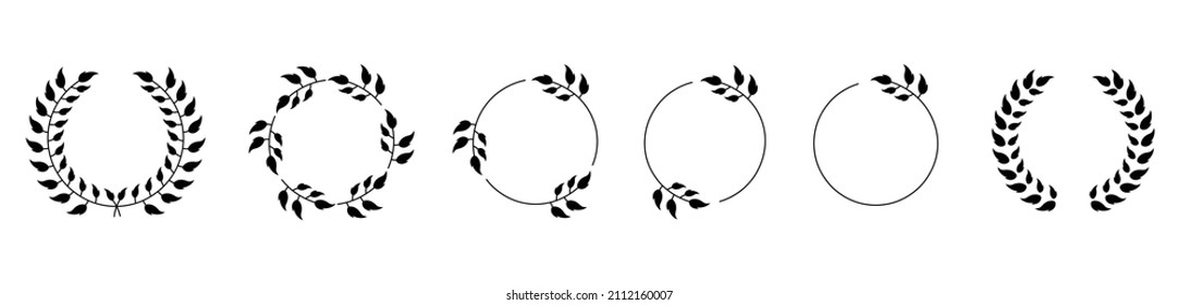 Set icon of black laurels frames branches with circle borders.collection laurel leaves decorative elements vector icon illustration