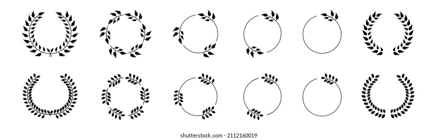 Set icon of black laurels frames branches with circle borders.collection laurel leaves decorative elements vector icon illustration