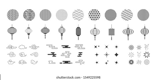 Set icon of black outline with moon, lanterns, cloud, star sparkle, fireworks.Design element for decoration Chinese new year, Lantern Festival, Party. Line simple. Asian ornament. Vector illustration.