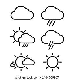 Set icon black outline thin weather isolated on white background. Bright sky symbol with rain and cloudy. Vector illustration in flat design.