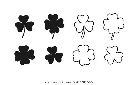 Set of icon black shamrock, cloverleaf, luck, clover symbols. Good luck with the leaf clover flat icon set isolated on a transparent background.