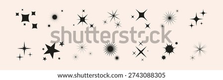 Set of icon blinking star, sparkle, glitter and sun. Abstract shape explosion, glow blink effects for celebrate party design. Twinkle shiny and flash graphic elements. Isolated vector illustrations.