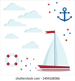 Set icon of blue and red sailboat with two sail and flag, clouds, stars, anchor, lifebuoy isolated on white background. Vector illustration. Children marine style design elements. Flat cartoon style.