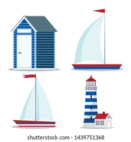 Set icon of blue and red sailboat with one and two sail and flag, beach hut, lighthouse isolated on white background. Vector illustration. Children marine style design elements. Flat cartoon style.