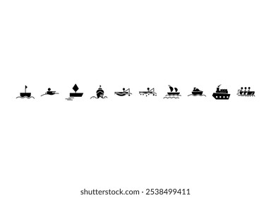 Set icon boat. Set of luxury trip boat icons set. Collection of various types of boats sailling on water, boat icons set