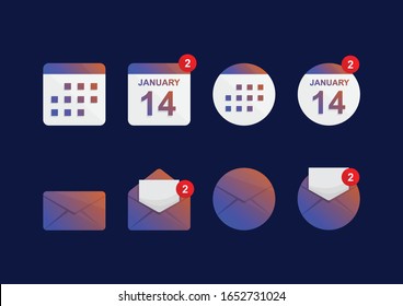 Set aus Symbolkalender und E-Mail mit Benachrichtigungsblase, blauem und orangefarbenem Farbverlauf, Vektorillustration-Illustration 
