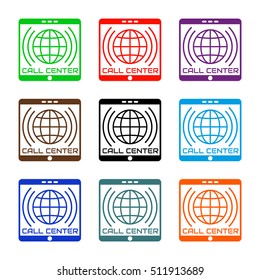 Set icon call center in flat style. Logo colored Globe inside vertical mobile tablet, with sound waves. Smartphone isolated on white background. Vector