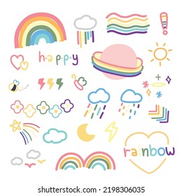 Set of icon cartoon in rainbow concept.Doodle style collection.Star,sky,sun,moon,cloud hand drawn.Pride day LGBTQ.Minimal tattoo.Kawaii.Vector.Illustration.