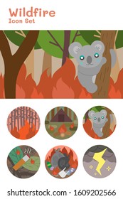 Set icon cause of forest fires flat vector illustration,Koala fleeing forest fires