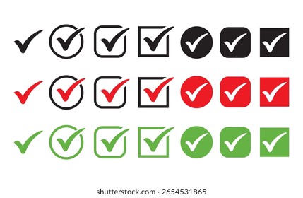 Ceklist diseño del símbolo del Vector, ícono de la casilla de verificación con la casilla correcta, acepte los íconos de la marca de verificación casilla verde, marco del círculo de la lista de verificación - signo del símbolo de la Casilla de verificación.