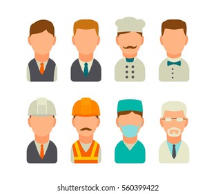Set icon character cook, builder, business and medical man. Vector flat illustration on white background.